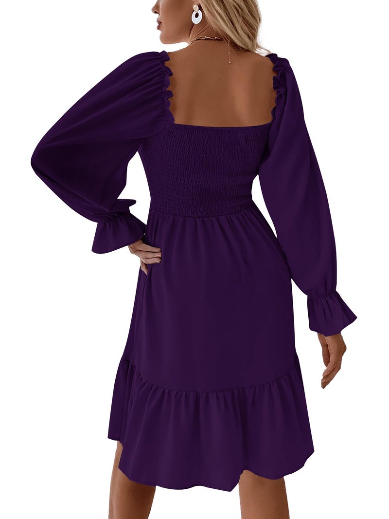 LYANER Women's Long Puff Sleeve Square Neck Shirred Ruffle Swing Midi Dress Solid Dark Purple Small - Image 2
