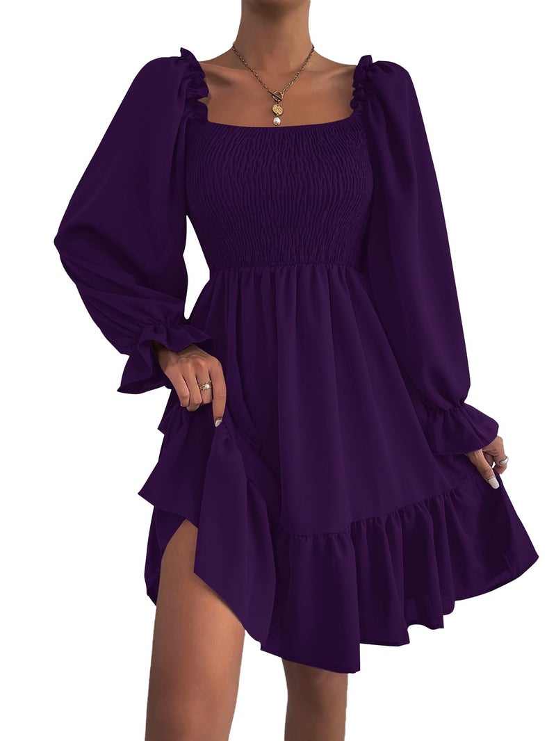 LYANER Women's Long Puff Sleeve Square Neck Shirred Ruffle Swing Midi Dress Solid Dark Purple Small - Image 4