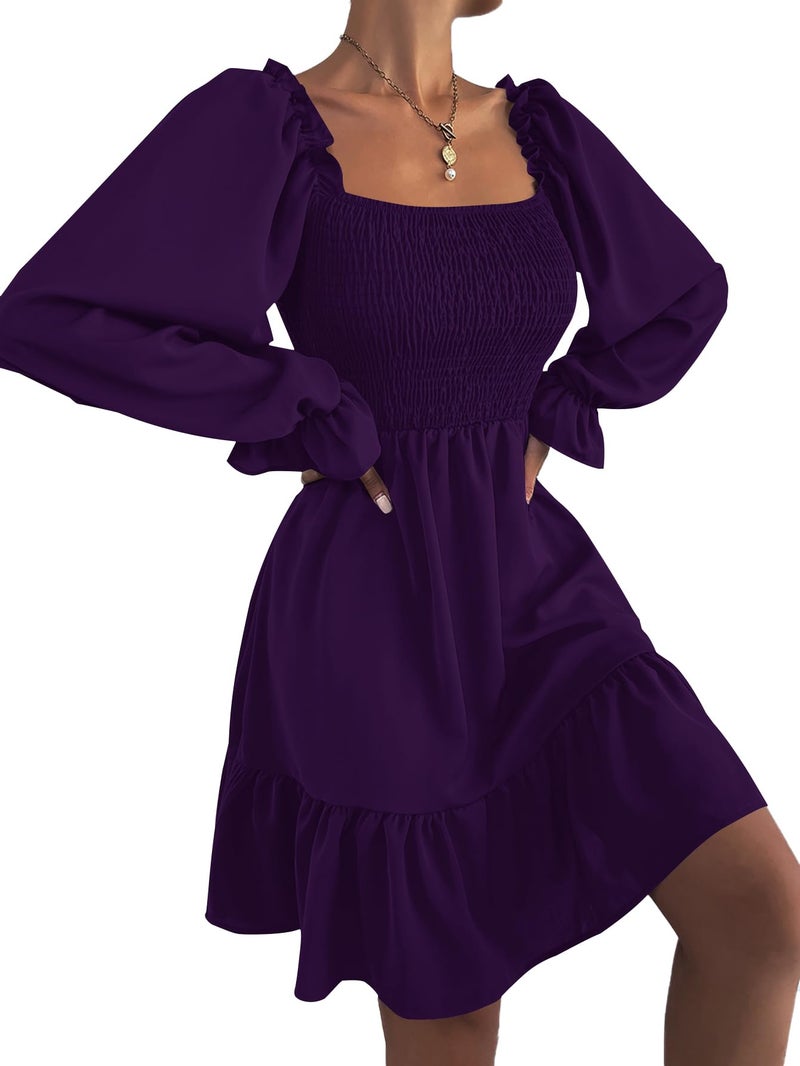 LYANER Women's Long Puff Sleeve Square Neck Shirred Ruffle Swing Midi Dress Solid Dark Purple Small - Image 3