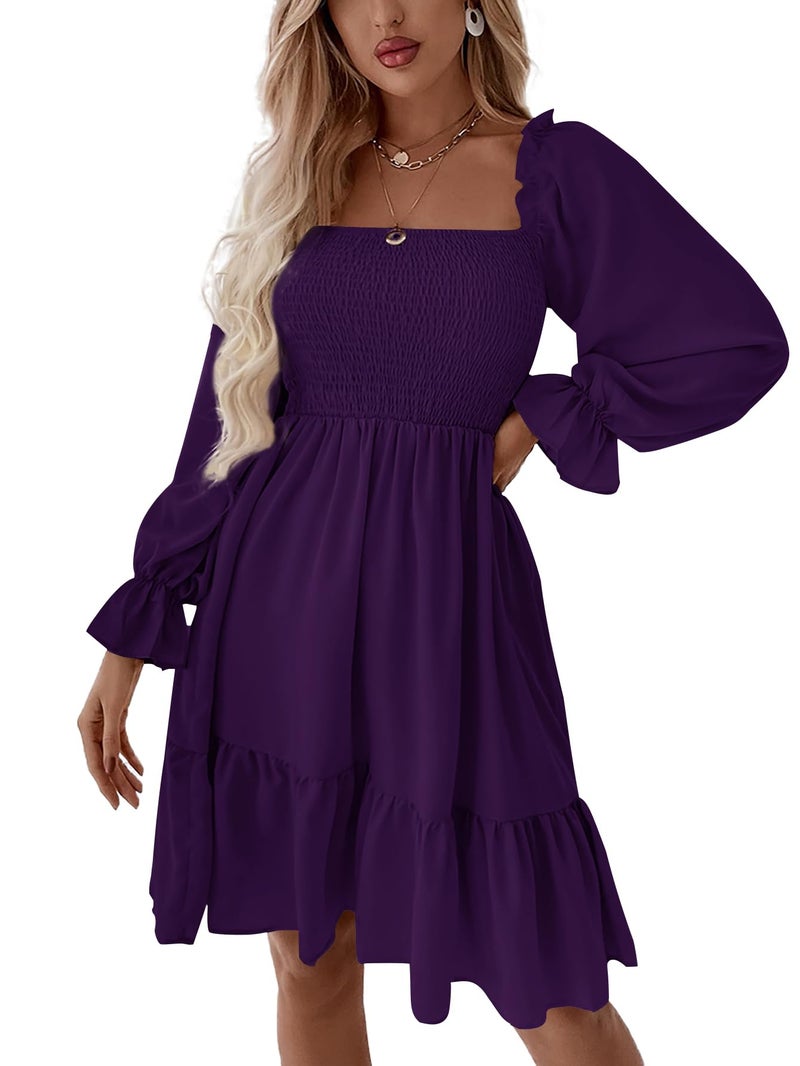 LYANER Women's Long Puff Sleeve Square Neck Shirred Ruffle Swing Midi Dress Solid Dark Purple Small - Image 1