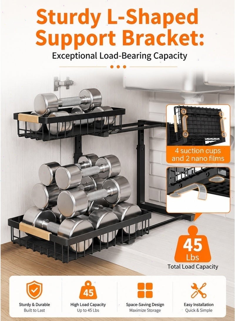 Under Sink Organizer, Adjustable-Height 2-Tier Pull-Out Metal Cabinet Storage Rack for Kitchen, Bathroom, Laundry Room and Pantry, （Black） - Image 5