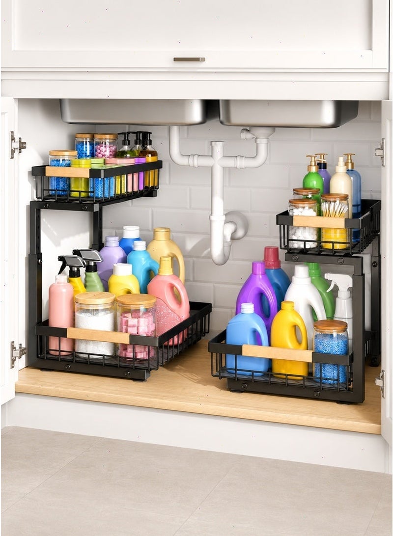Under Sink Organizer, Adjustable-Height 2-Tier Pull-Out Metal Cabinet Storage Rack for Kitchen, Bathroom, Laundry Room and Pantry, （Black） - Image 1