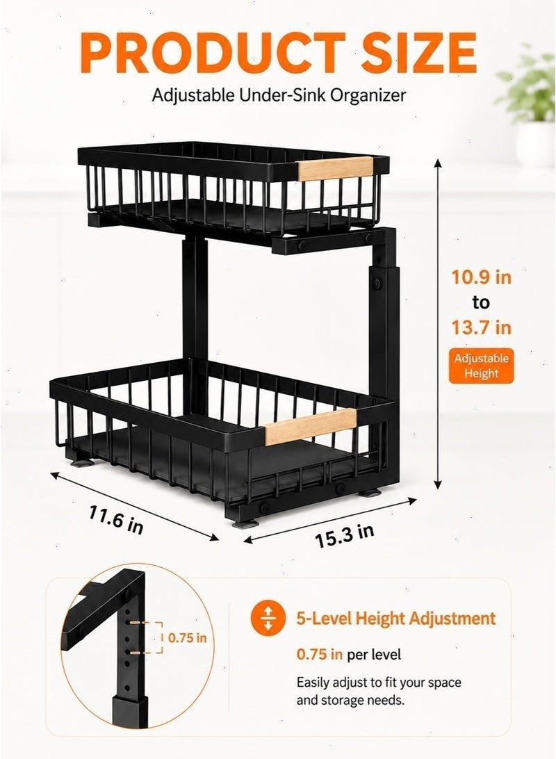 Under Sink Organizer, Adjustable-Height 2-Tier Pull-Out Metal Cabinet Storage Rack for Kitchen, Bathroom, Laundry Room and Pantry, （Black） - Image 2