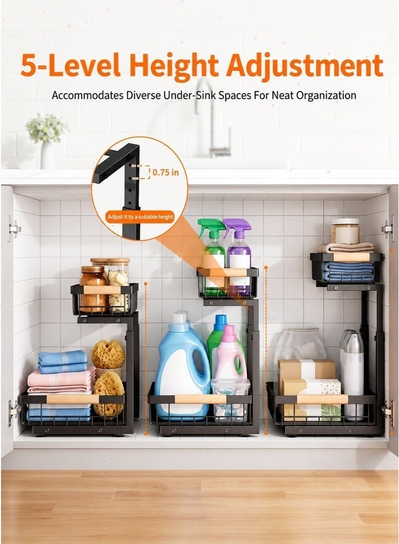 Under Sink Organizer, Adjustable-Height 2-Tier Pull-Out Metal Cabinet Storage Rack for Kitchen, Bathroom, Laundry Room and Pantry, （Black） - Image 4
