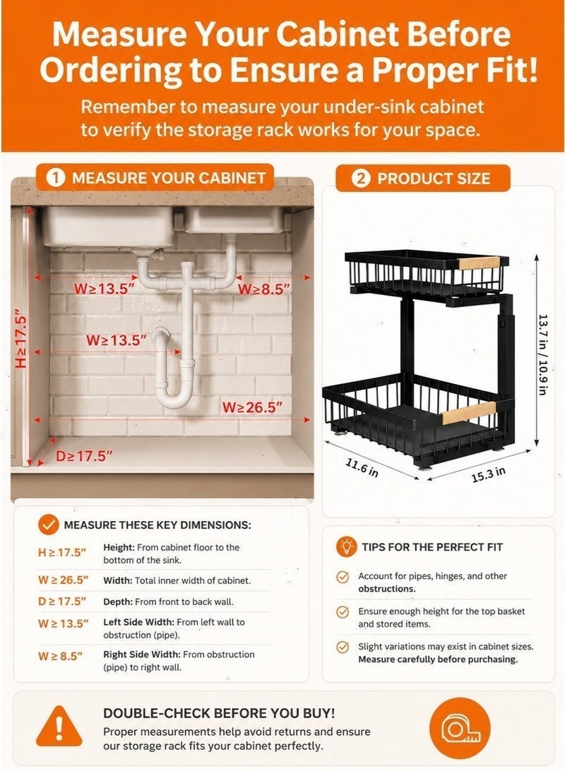 Under Sink Organizer, Adjustable-Height 2-Tier Pull-Out Metal Cabinet Storage Rack for Kitchen, Bathroom, Laundry Room and Pantry, （Black） - Image 3