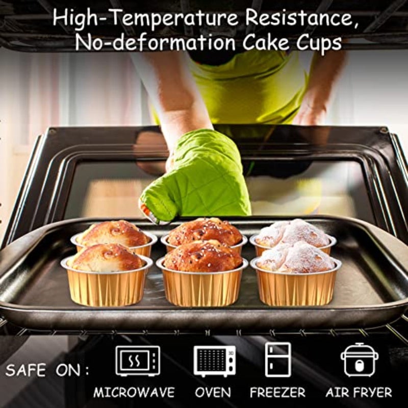 150 Pcs Aluminum Foil Baking Cup Disposable Ramekins with Lids 5oz Mini Cupcake Liners Flan Mold Mini Cake Pans with Lids Disposable Cake Tins for Pudding Desert Creme Brulee Gold - Image 5