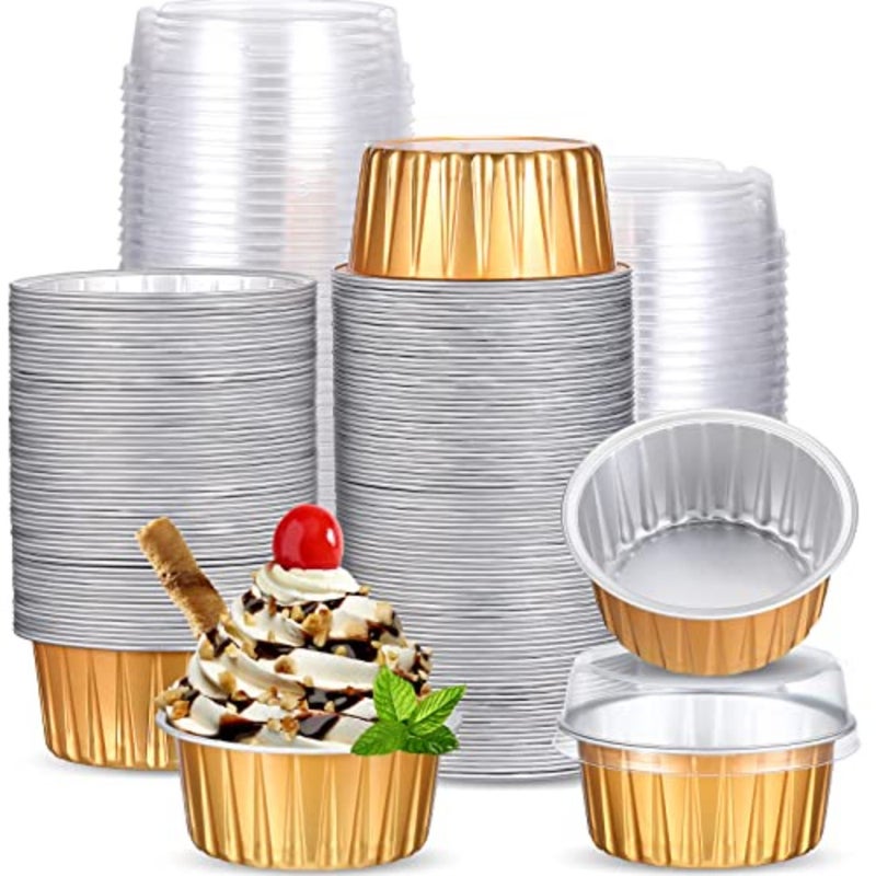 150 Pcs Aluminum Foil Baking Cup Disposable Ramekins with Lids 5oz Mini Cupcake Liners Flan Mold Mini Cake Pans with Lids Disposable Cake Tins for Pudding Desert Creme Brulee Gold - Image 1