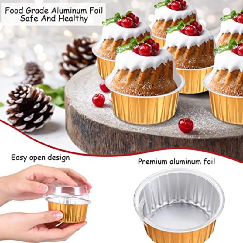 150 Pcs Aluminum Foil Baking Cup Disposable Ramekins with Lids 5oz Mini Cupcake Liners Flan Mold Mini Cake Pans with Lids Disposable Cake Tins for Pudding Desert Creme Brulee Gold - Image 3
