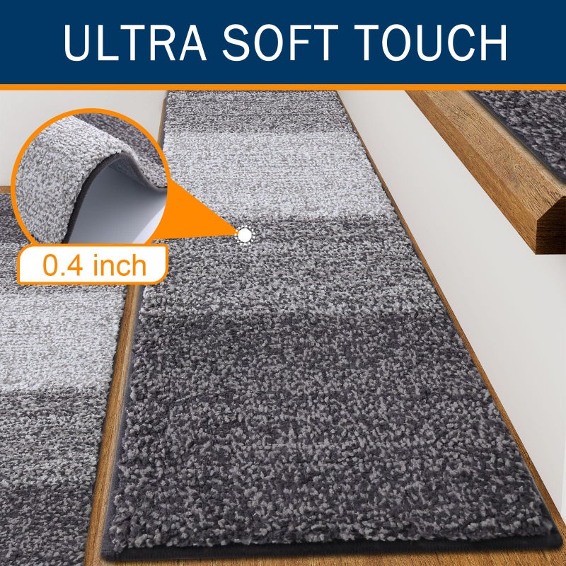 OLANLY Stair Treads Non Slip 15PCS, 8" x 30" Indoor Stair Runners for Wooden Steps, Edging Stair Rugs with Reusable Peel and Stick Adhesive for Kids Elders and Pets, Grey - Image 3