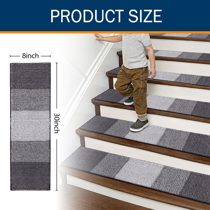 OLANLY Stair Treads Non Slip 15PCS, 8" x 30" Indoor Stair Runners for Wooden Steps, Edging Stair Rugs with Reusable Peel and Stick Adhesive for Kids Elders and Pets, Grey - Image 2
