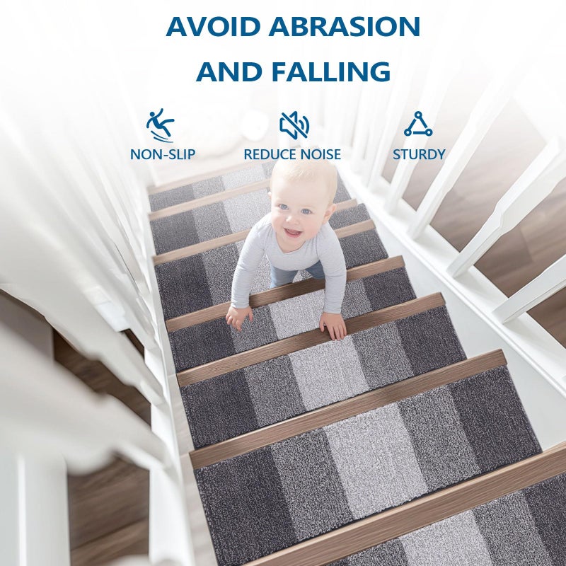 OLANLY Stair Treads Non Slip 15PCS, 8" x 30" Indoor Stair Runners for Wooden Steps, Edging Stair Rugs with Reusable Peel and Stick Adhesive for Kids Elders and Pets, Grey - Image 4