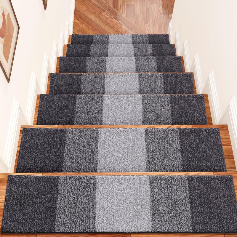 OLANLY Stair Treads Non Slip 15PCS, 8" x 30" Indoor Stair Runners for Wooden Steps, Edging Stair Rugs with Reusable Peel and Stick Adhesive for Kids Elders and Pets, Grey - Image 1