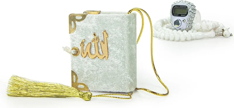 İhvan Online Ihvan Online Stone Zikirmatik Mini Quran and Crystal Stone Prayer Beads Hajj Umrah Gift Set White Color