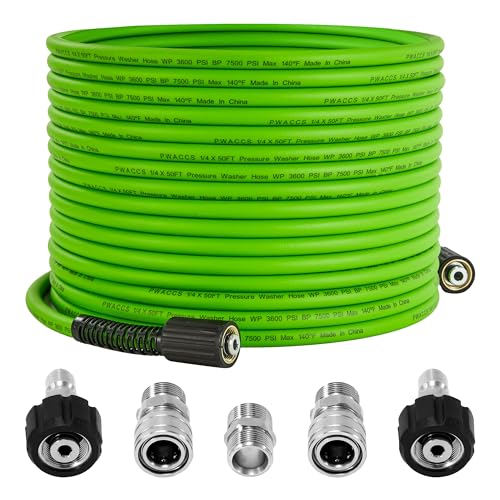PWACCS Pressure Washer Hose 50 FT x 1/4", Power Washer Hose Kink Resistant, Universal High-Pressure Washing Extension Hoses Replacement, Compatible with M22 Stainless Steel Fittings, 3600 PSI, Green - Image 1
