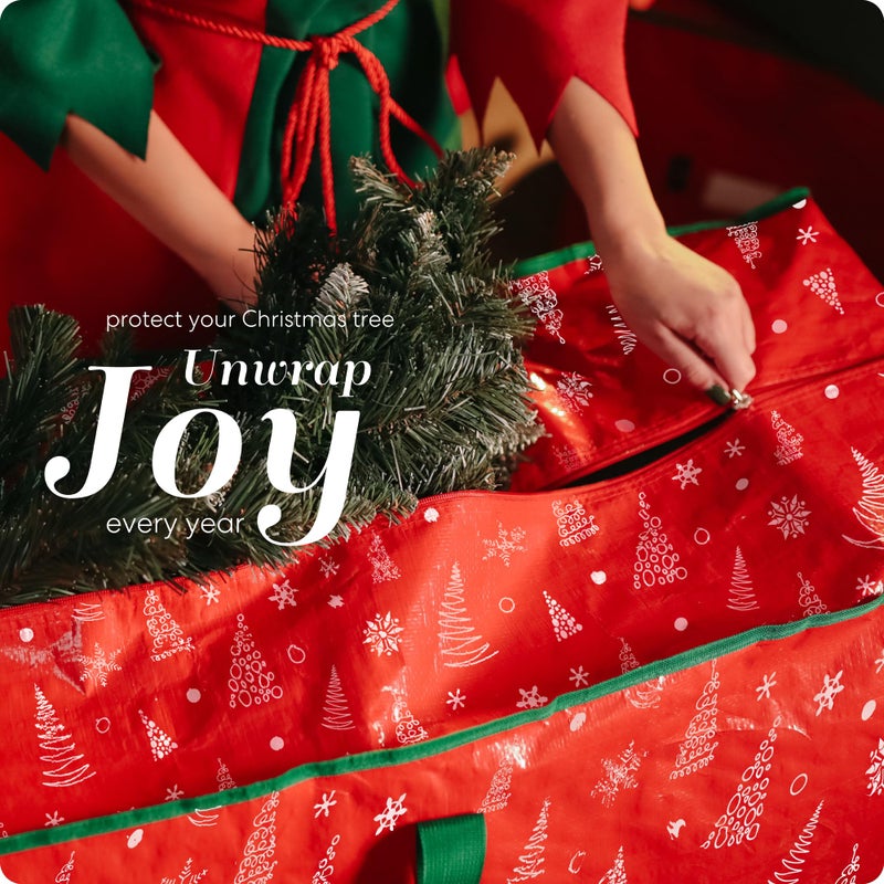 Handy Laundry Christmas Tree Storage Bag - Stores 7.5 Foot Artificial Xmas Holiday Tree, Zippered Bag, Durable Waterproof Material, Carry Handles - Protects Against Dust, Insects and Moisture (Red Printed) - Image 5