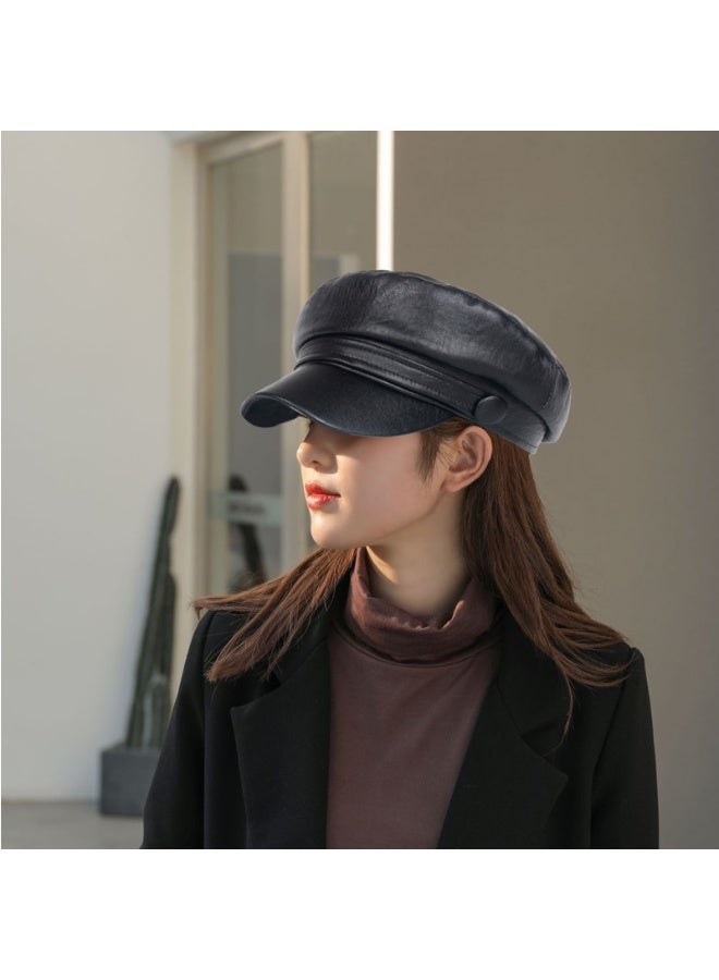 Women Fashion Newsboy Cap，PU Leather Bakerboy Flat Visor Beret,Autumn Spring Winter Cabbie Hat - Image 2