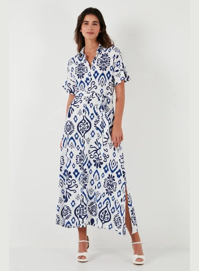 Lela Lela Patterned Slit Shirt Collar Maxi Dress Women's Dress 611EL502