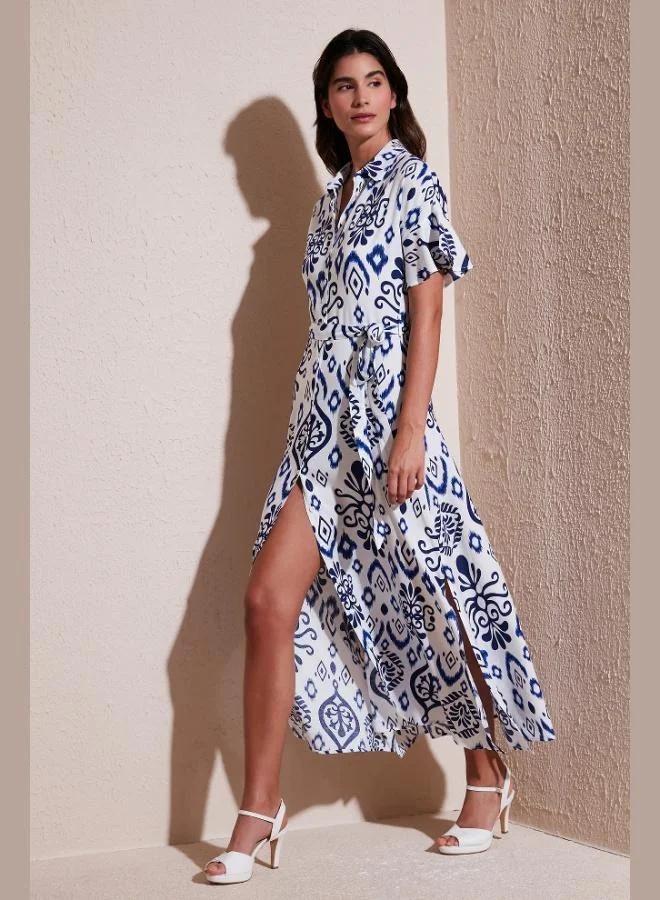 Lela Lela Patterned Slit Shirt Collar Maxi Dress Women's Dress 611EL502