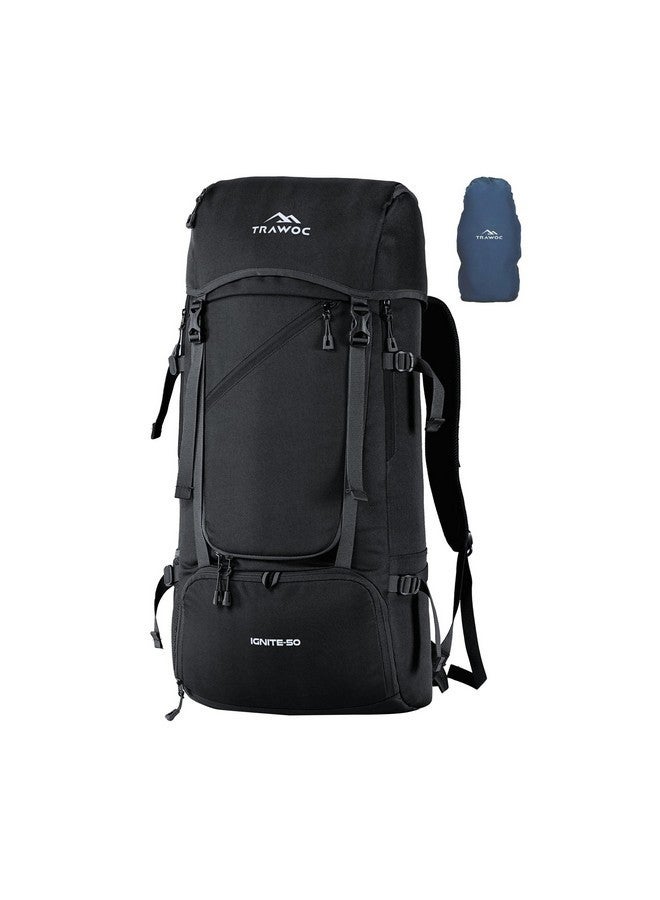 Trawoc حقيبة سفر TRAWOC IGNITE سعة 50 لتر، حقيبة ظهر تفتح من الأمام والأعلى للمشي والتخييم، حقيبة ظهر للرجال والنساء مع غطاء مطري وحيز للأحذية SHK020 باللون الأسود المعدني - Image 1