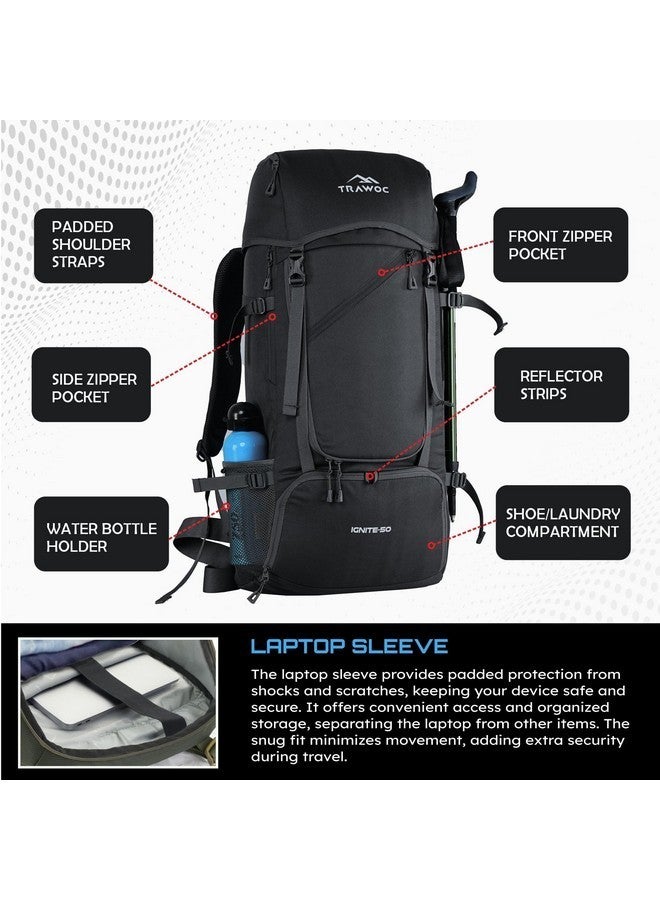 Trawoc حقيبة سفر TRAWOC IGNITE سعة 50 لتر، حقيبة ظهر تفتح من الأمام والأعلى للمشي والتخييم، حقيبة ظهر للرجال والنساء مع غطاء مطري وحيز للأحذية SHK020 باللون الأسود المعدني - Image 4