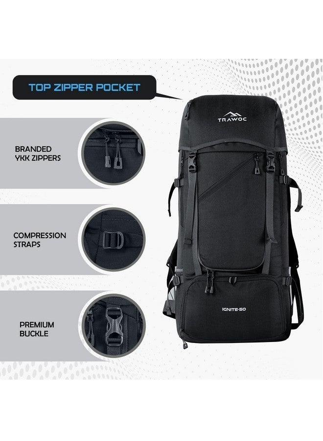 Trawoc حقيبة سفر TRAWOC IGNITE سعة 50 لتر، حقيبة ظهر تفتح من الأمام والأعلى للمشي والتخييم، حقيبة ظهر للرجال والنساء مع غطاء مطري وحيز للأحذية SHK020 باللون الأسود المعدني - Image 2