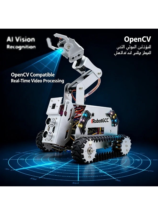 robotgcc Metal Tracked Smart Robot Car Kit with 4DOF Robotic Arm for Raspberry Pi, AI Programming Platform, Computer Vision OpenCV Tracking, WiFi Remote Control, USB-C Charging, Aluminum Tank Chassis STEM Robotics System (Raspberry Pi Not Included) - Image 1