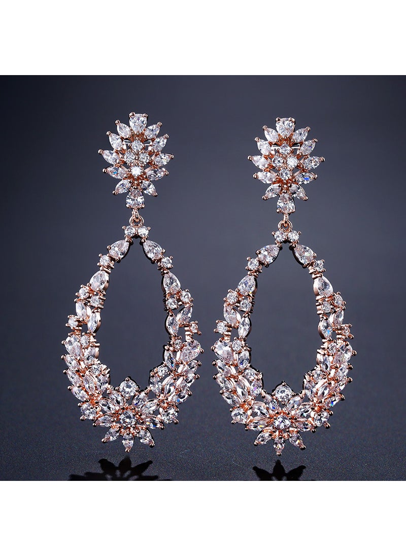 Generic - Rakol Unique Geometric Floral Hollow Out Hoop Earrings For Women Luxurious Full-pave Aaa Zirconia Studs White Rose Gold Plated - Image 1
