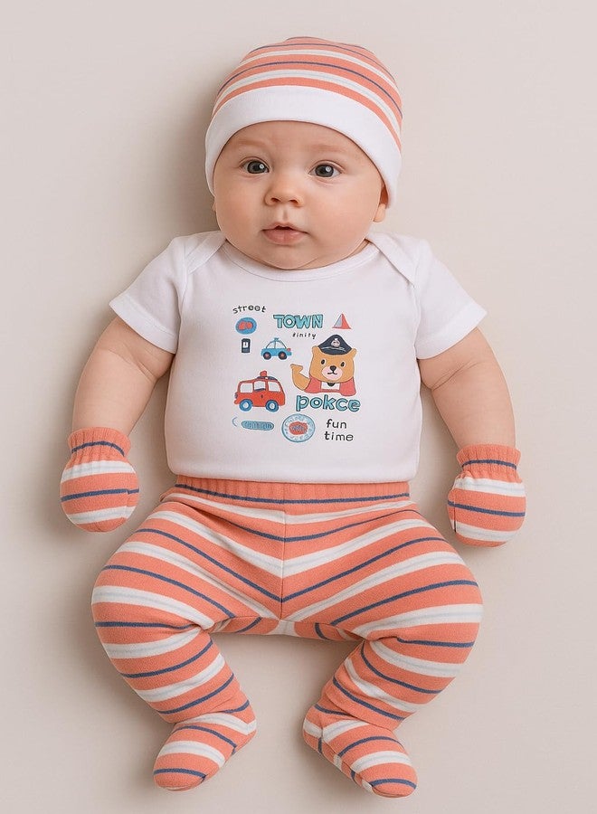 EIO طقم ملابس قطنية للأطفال حديثي الولادة من إي أو أو - بدلة قطعة واحدة، قبعة، بنطال وجوارب مع قفازات | طقم ملابس أطفال للجنسين للأولاد والبنات - Image 2