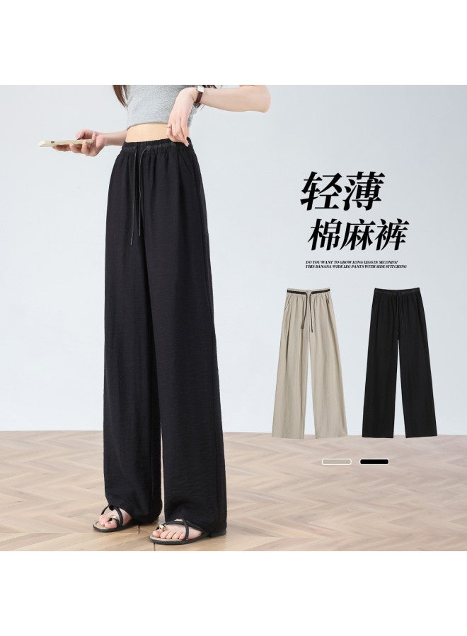 Hstyle Linen Color-blocked Wide-leg Pants Women's 2025 Summer Versatile Slimming High-waist Lightweight Breathable Loose Casual Trousers - Image 2