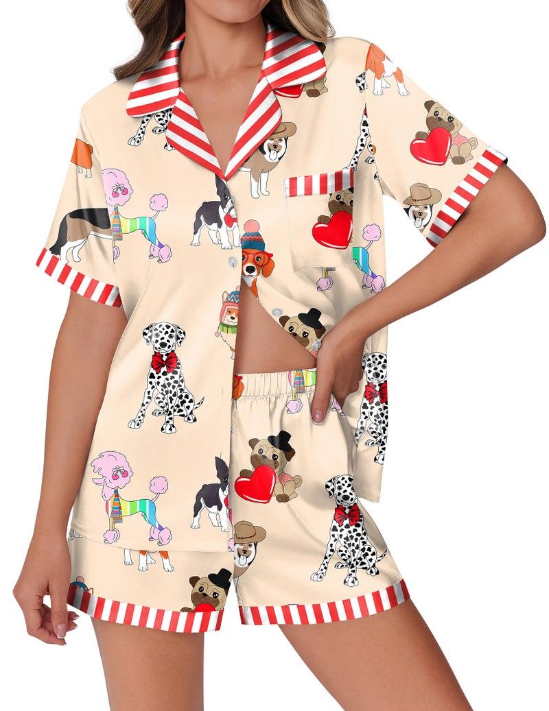 Ekouaer Womens Silk Satin Pajamas Set Animals Print Pjs Button Down Short Sleeve Lounge Set 2 Piece Sleepwear Puppy XXL - Image 2