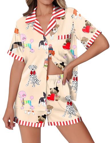 Ekouaer Womens Silk Satin Pajamas Set Animals Print Pjs Button Down Short Sleeve Lounge Set 2 Piece Sleepwear Puppy XXL - Image 1