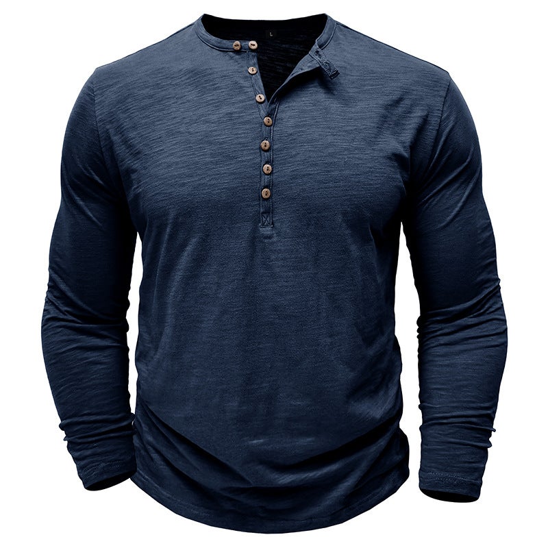 2024 Men'S Wear Men'S Long-Sleeved T-Shirt Outdoor Men'S Henry Shirt Slub Cotton Top - Image 3