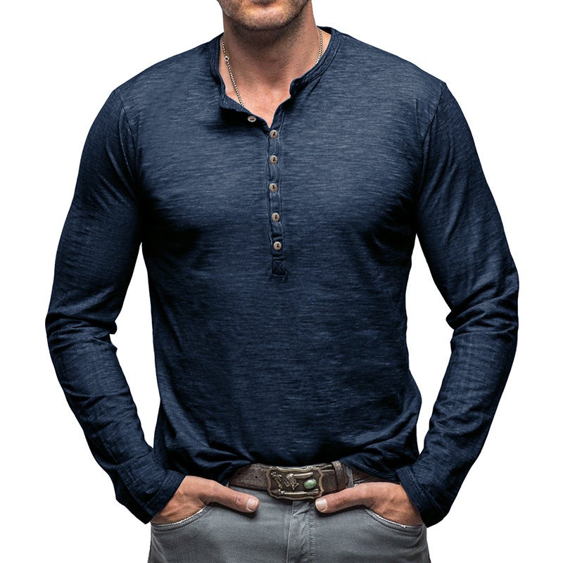 2024 Men'S Wear Men'S Long-Sleeved T-Shirt Outdoor Men'S Henry Shirt Slub Cotton Top - Image 2