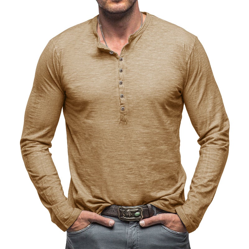 2024 Men'S Wear Men'S Long-Sleeved T-Shirt Outdoor Men'S Henry Shirt Slub Cotton Top - Image 1