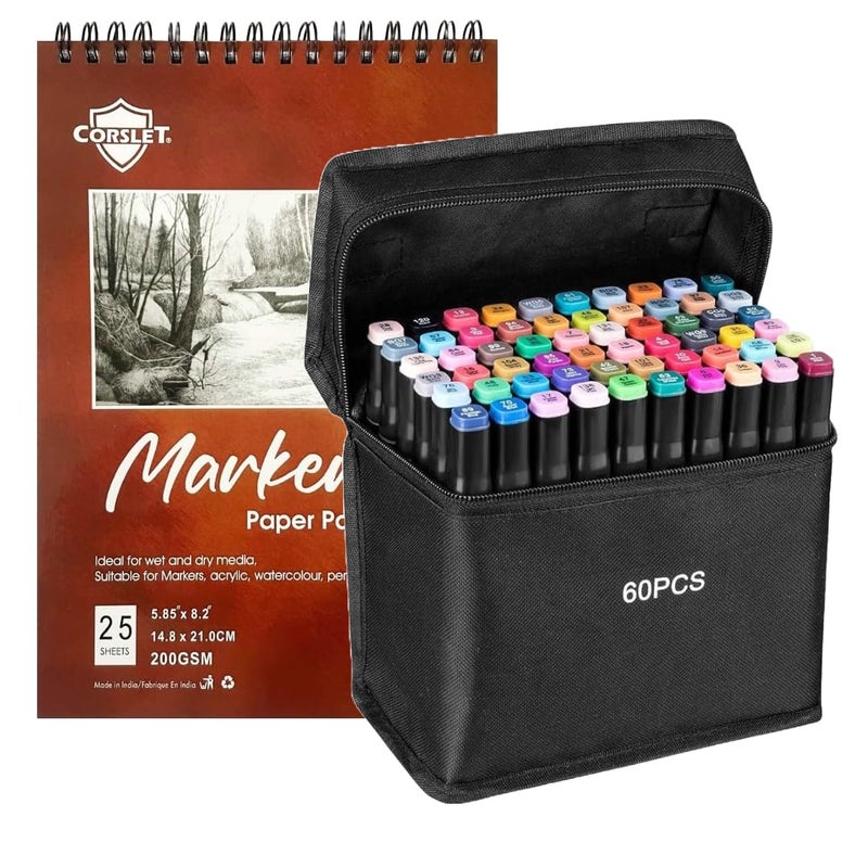 Corslet Markers كحولية مزدوجة الطرف 60 لون مع حقيبة حمل و 25 ورقة لوح علامات | أقلام تلوين برأس مزدوج للفن، الرسم والتخطيط - Image 1