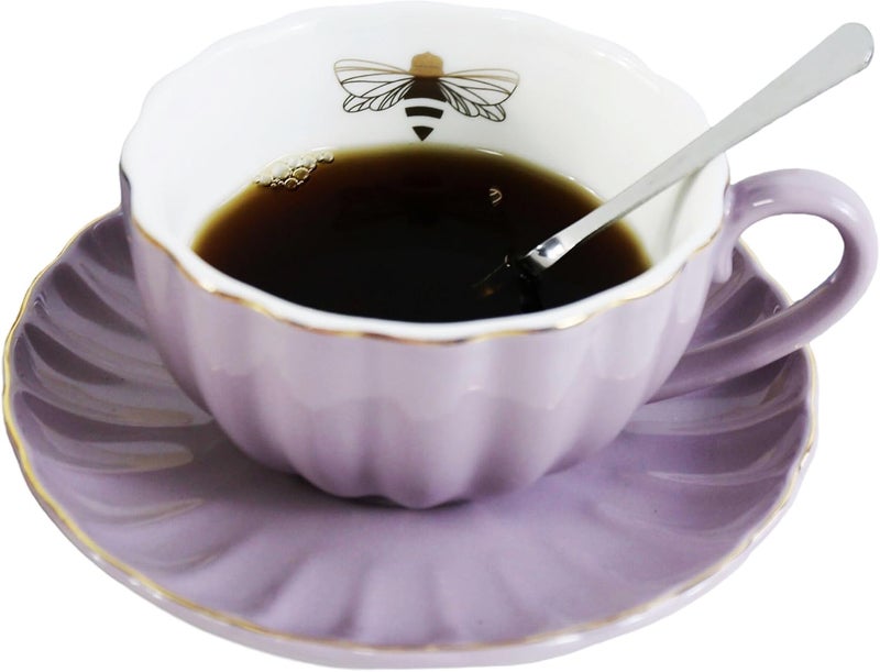 Eplze YBK Tech Strengthen Porcelain Cup and Saucer Set 9oz Cup with Saucer  Gold Bee Inside The Cup Purple - Image 1