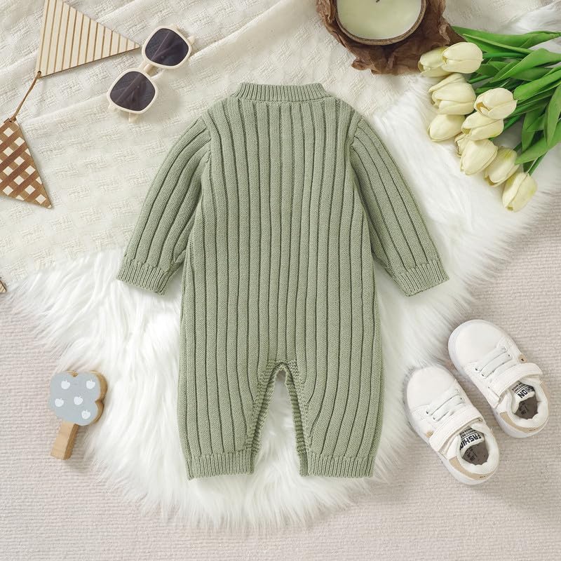 Neiwech Newborn Boy Girl Outfits Baby Knit Romper Cozy Soft Long Sleeve Striped Solid Clothes Gift for Infant Green 0-3 Months - Image 3
