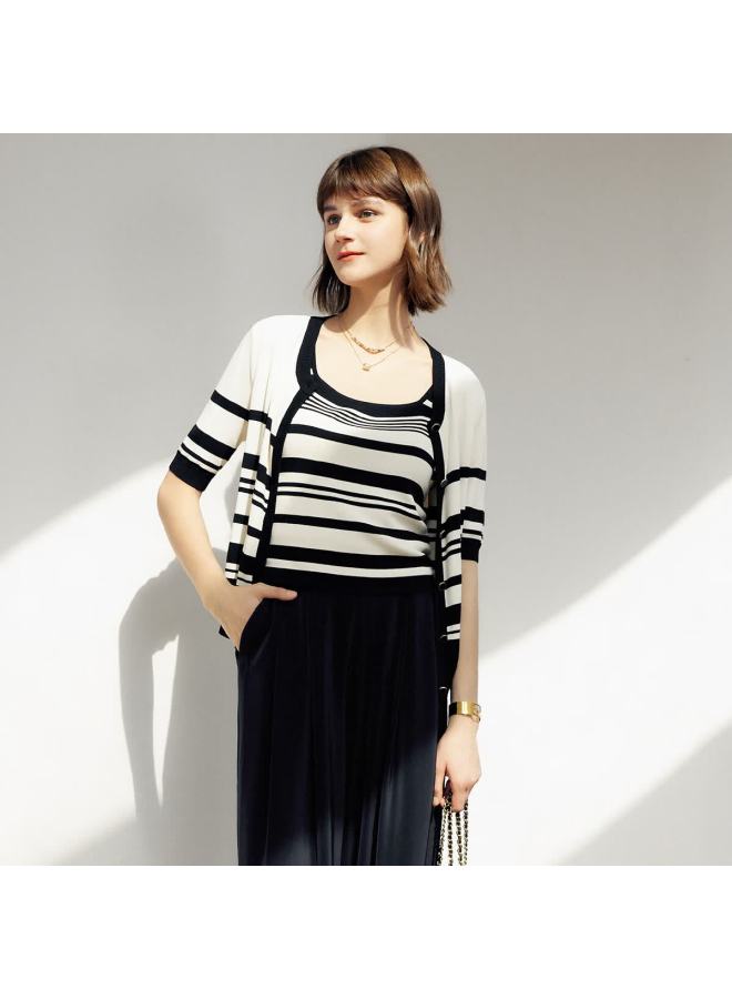 Yanyee Round Neck Striped Knit Sweater For Women Spring Casual Commuter Base Layer Inner Vest, Black, Baitiao, Xl/42 - Image 1