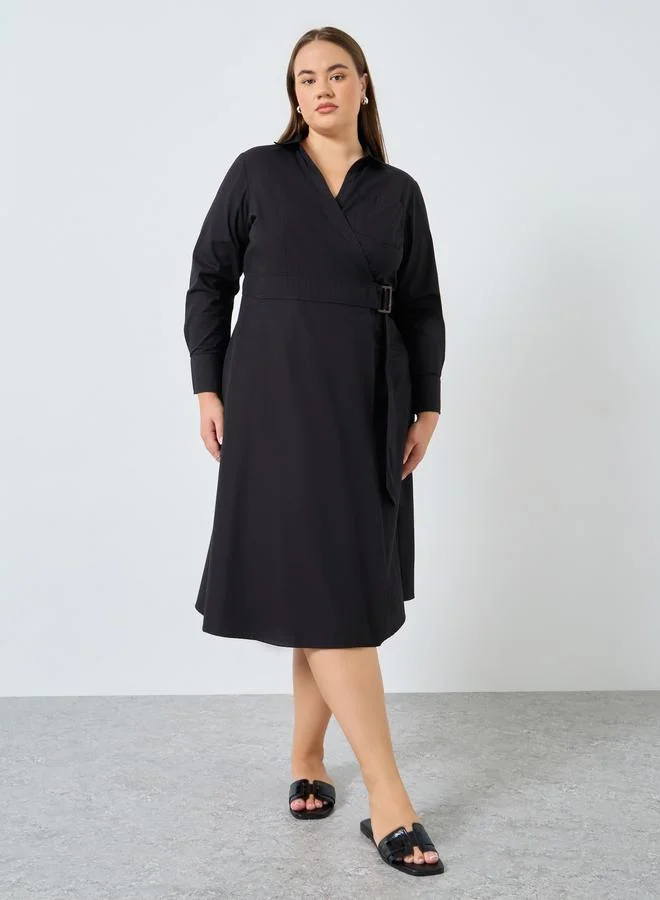 Styli Plus Size Cotton Wrap Shirt Midi Dress