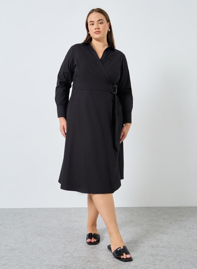 Styli Plus Size Cotton Wrap Shirt Midi Dress - Image 2