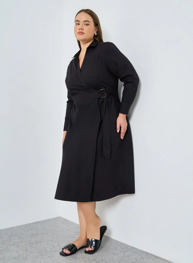 Styli Plus Size Cotton Wrap Shirt Midi Dress