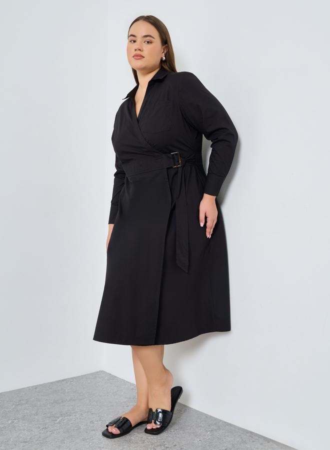Styli Plus Size Cotton Wrap Shirt Midi Dress - Image 1