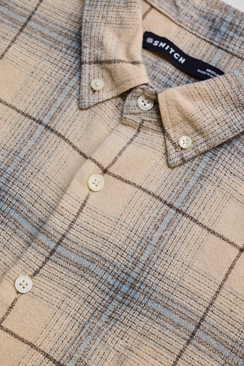 سنيتش Beige Checkered Long Sleeve Slim Fit Casual Shirt
