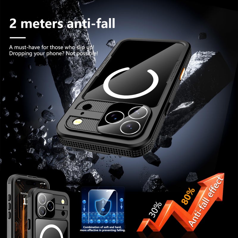 GOLDJU Magnetic for iPhone 17 Pro Max Case-Waterproof, Built-in Screen & Camera Protector-IP68 Underwater Full Body 16FT Military Dropproof Shockproof Case for 17 Pro Max 6.9''- Black - Image 2