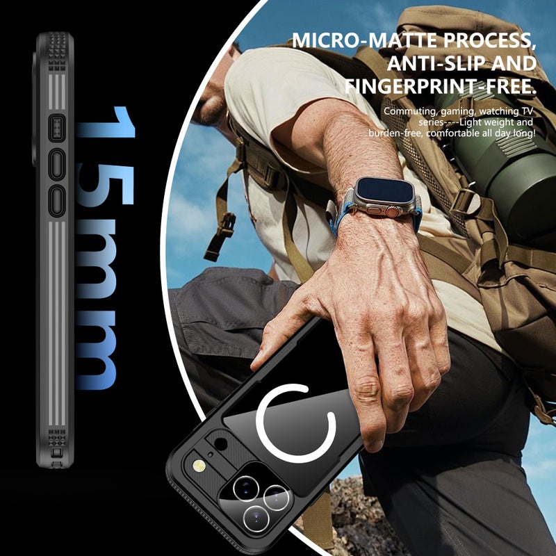 GOLDJU Magnetic for iPhone 17 Pro Max Case-Waterproof, Built-in Screen & Camera Protector-IP68 Underwater Full Body 16FT Military Dropproof Shockproof Case for 17 Pro Max 6.9''- Black - Image 5