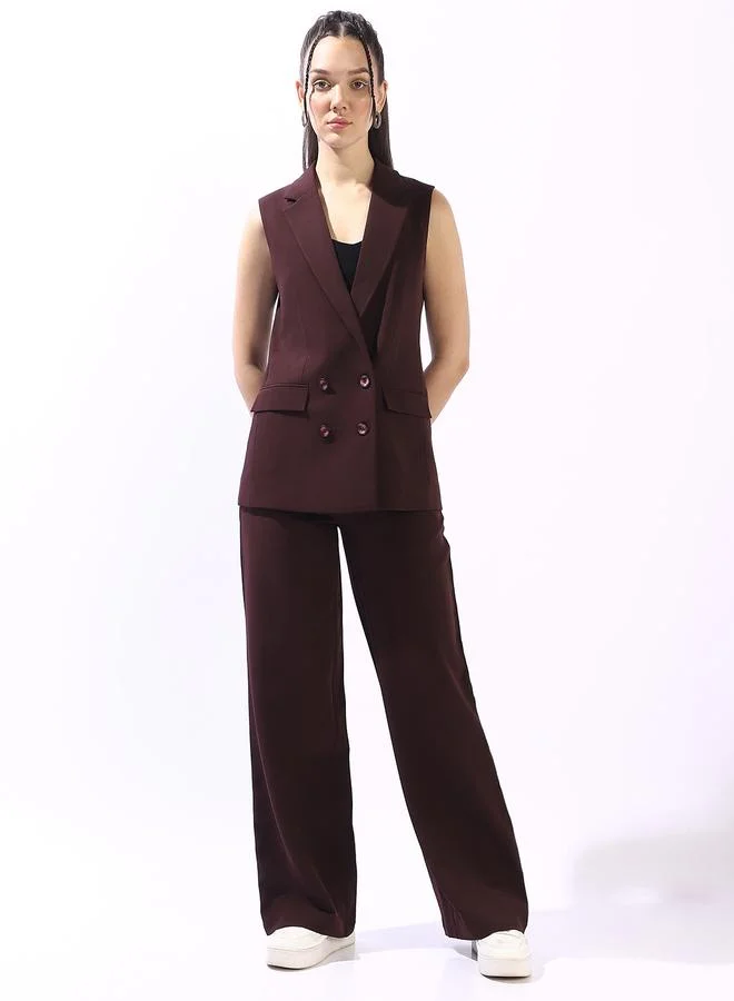 HIGH STAR Brown Women's Brown Polyester Blend Solid Double-Breasted Button Down Vest Full Chinos Tailored Fit Co-Ords for Women | Best Price UAE