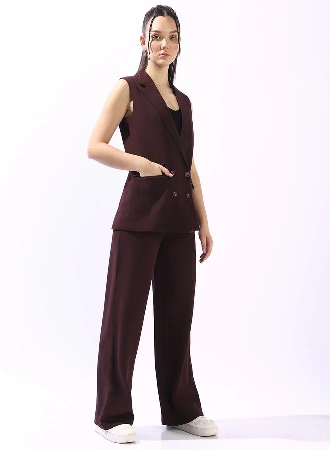 HIGH STAR Brown Women's Brown Polyester Blend Solid Double-Breasted Button Down Vest Full Chinos Tailored Fit Co-Ords for Women | Best Price UAE
