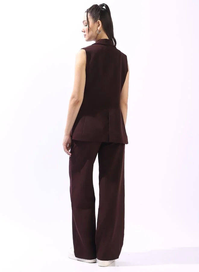 HIGH STAR Brown Women's Brown Polyester Blend Solid Double-Breasted Button Down Vest Full Chinos Tailored Fit Co-Ords for Women | Best Price UAE