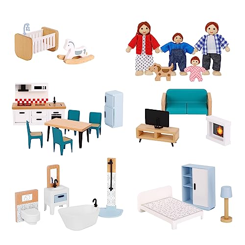 OOOK Wooden Dollhouse Furniture Set for Kids 26 Pcs Dollhouse Accessories with 4 Family Dolls and Dog Miniature Doll House Furniture Toys Pretend Play Set for G irls Boys Age 3 - Image 1