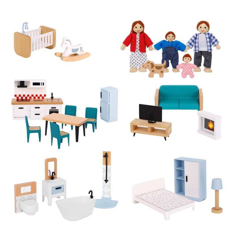 OOOK Wooden Dollhouse Furniture Set for Kids 26 Pcs Dollhouse Accessories with 4 Family Dolls and Dog Miniature Doll House Furniture Toys Pretend Play Set for G irls Boys Age 3 - Image 2